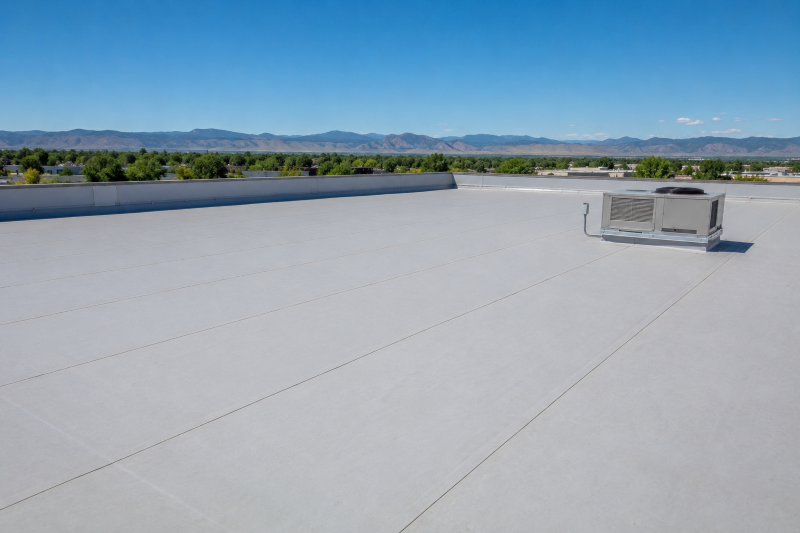 Flat and low-slope TPO membrane roofing on a building in Littleton, Colorado