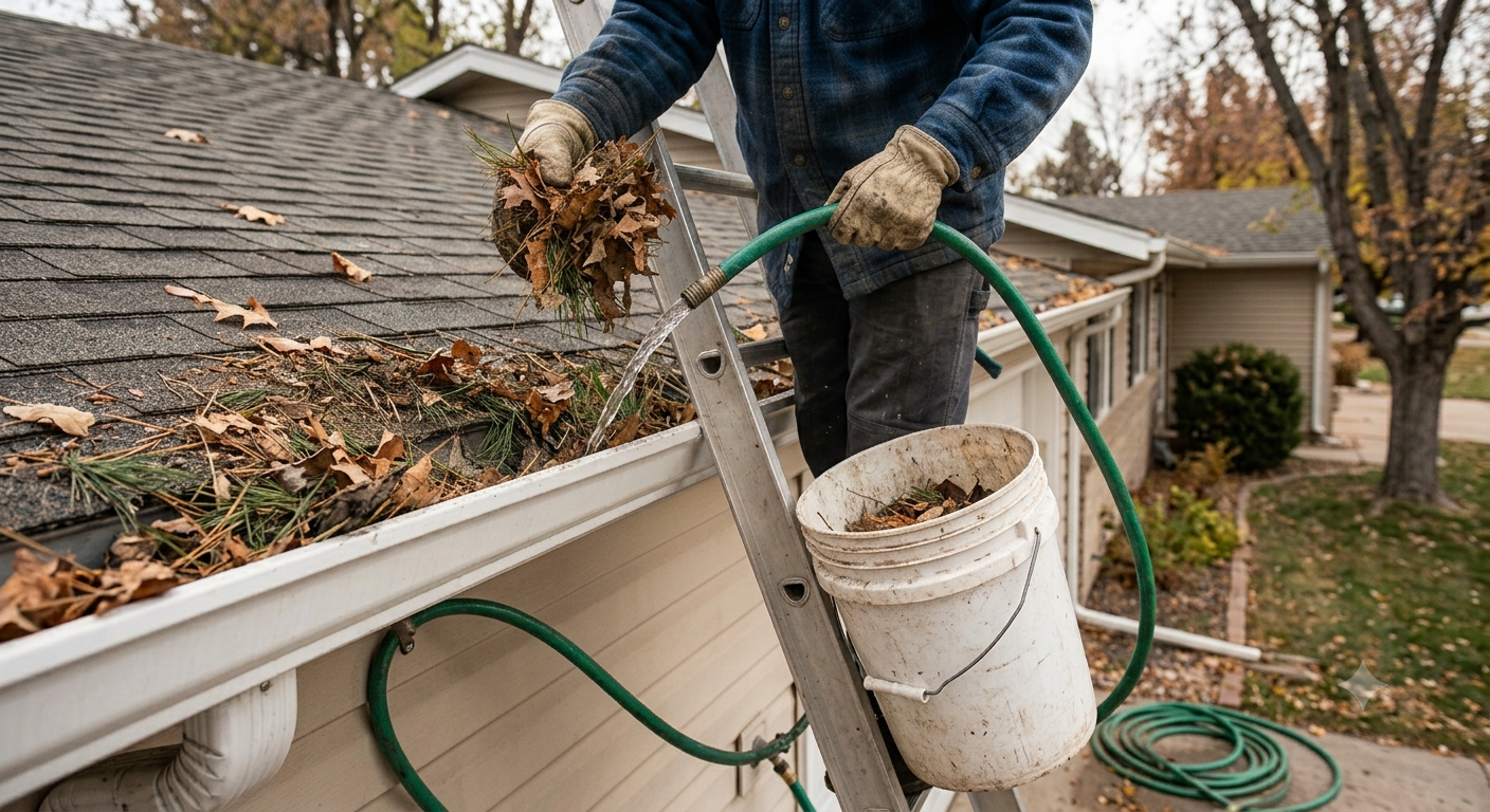 Gutter cleaning and downspout flush on a home in Littleton, Colorado