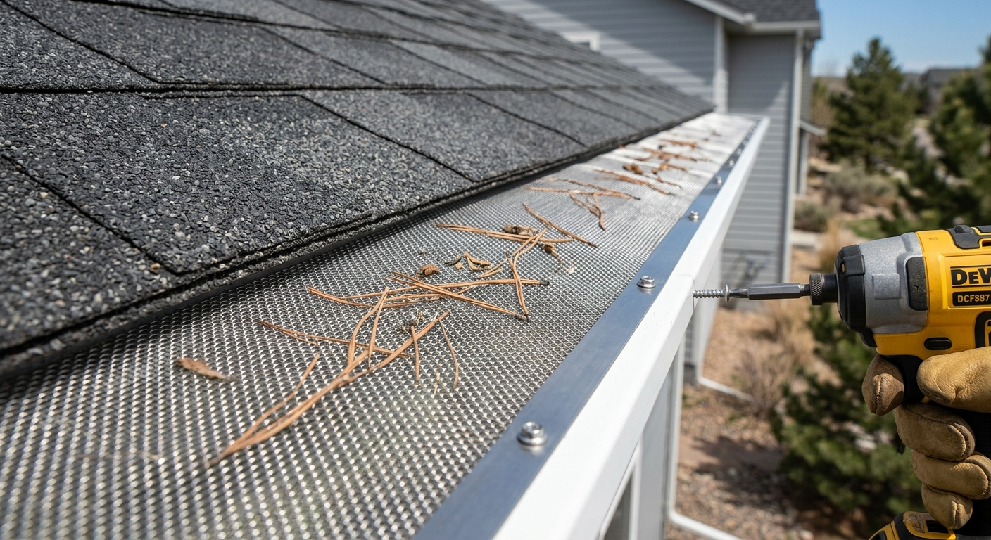 Micro-mesh gutter guard installation over a gutter in Littleton, CO