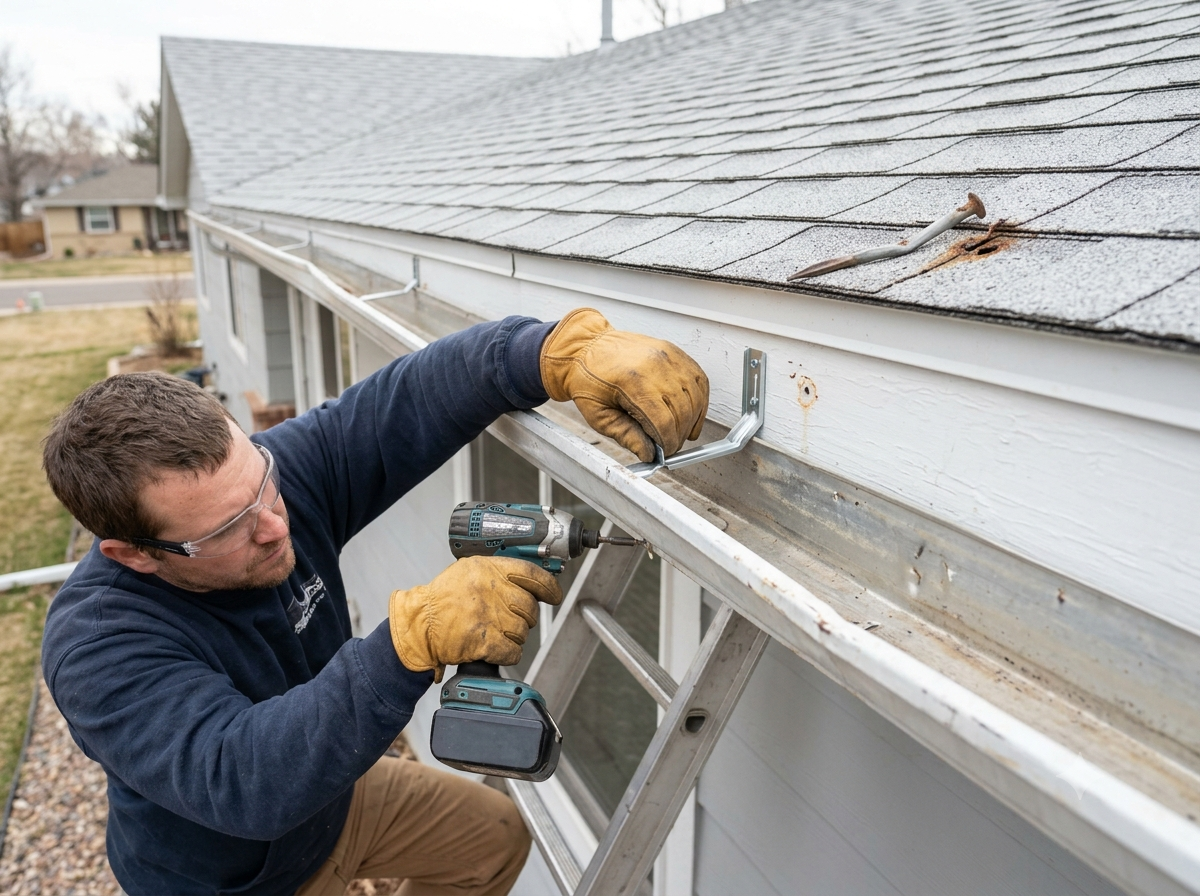 Roofer repairing a sagging gutter and hanger on a Littleton house