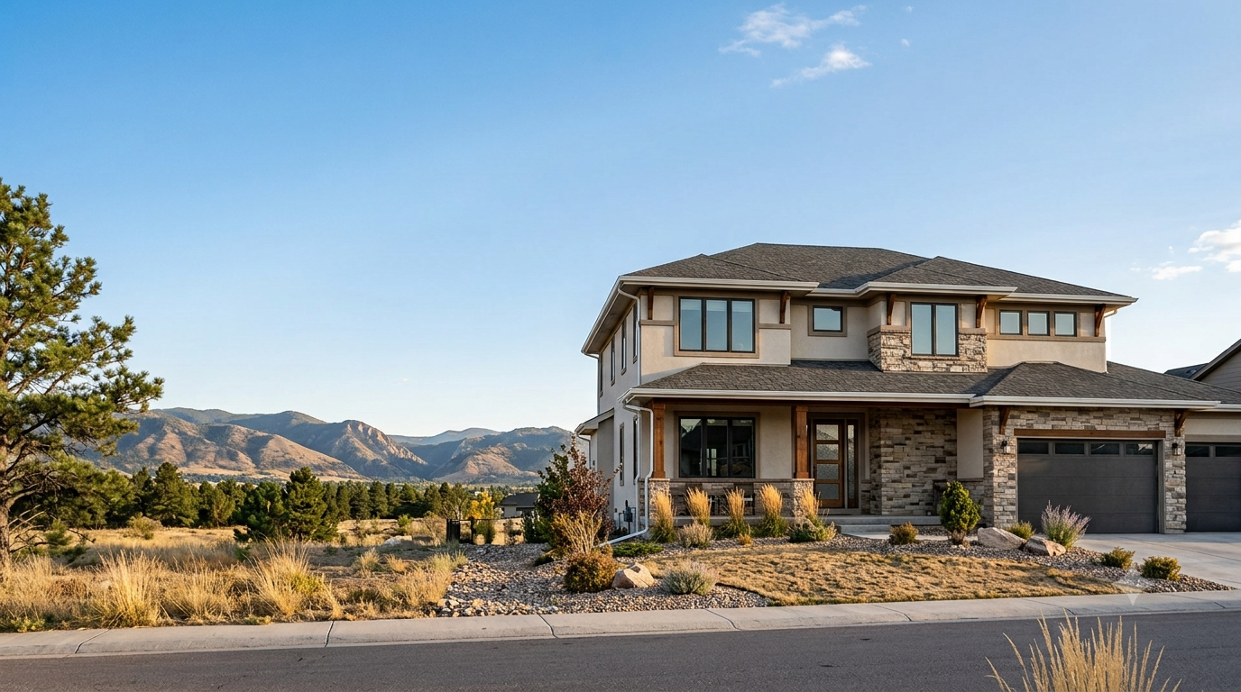 Seamless gutter system on a Littleton, CO home with the foothills behind it