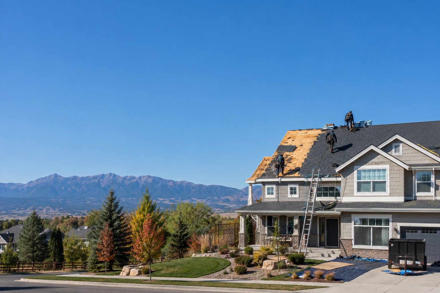 Flash Roofing crew installing a new asphalt shingle roof during a full roof replacement in Littleton, Colorado